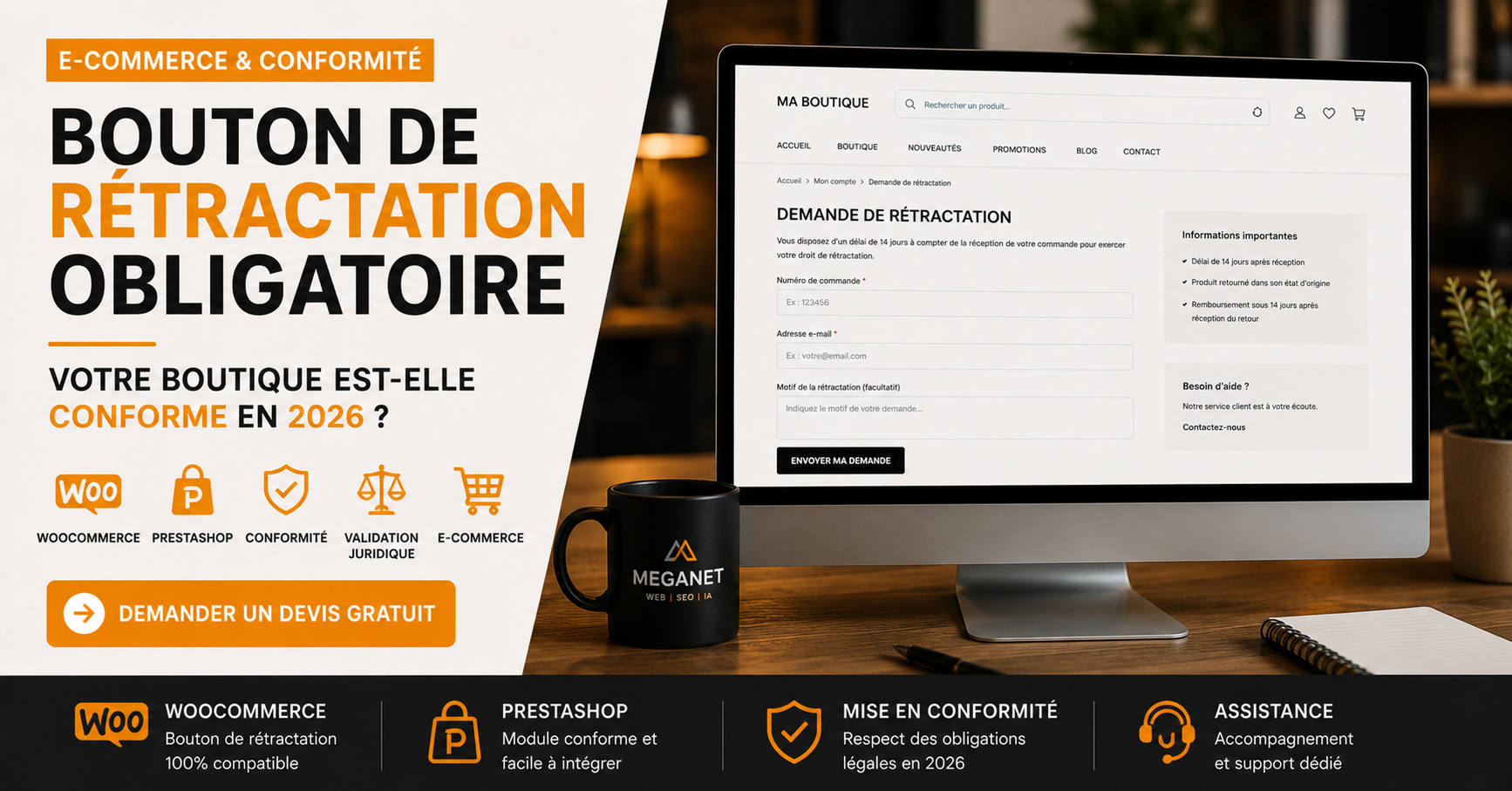 Bouton de rétractation obligatoire pour boutique WooCommerce et PrestaShop conforme en 2026