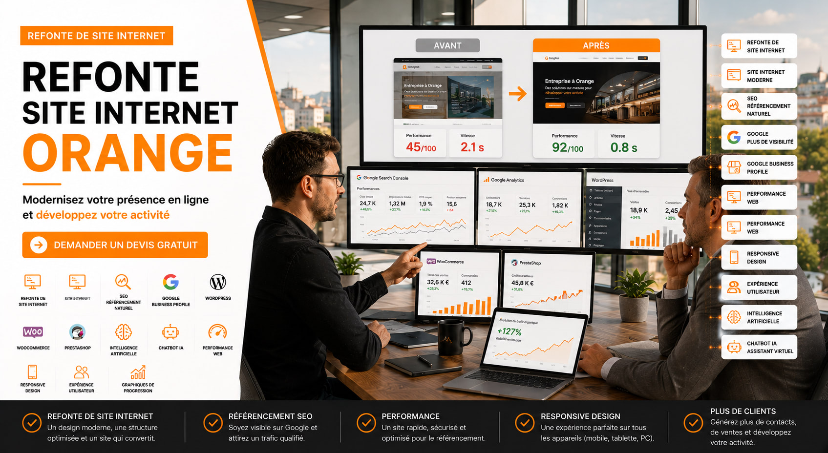 Refonte de site Refonte site internet Orange pour améliorer le référencement Google, moderniser son image et développer son activité.