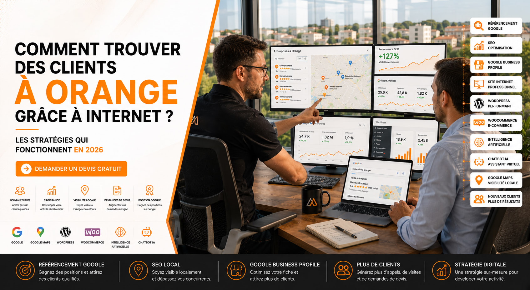 Comment trouver des clients à Orange grâce à internet avec le référencement Google, un site internet professionnel et Google Business Profile. Comment trouver des clients à Orange grâce à internet ?