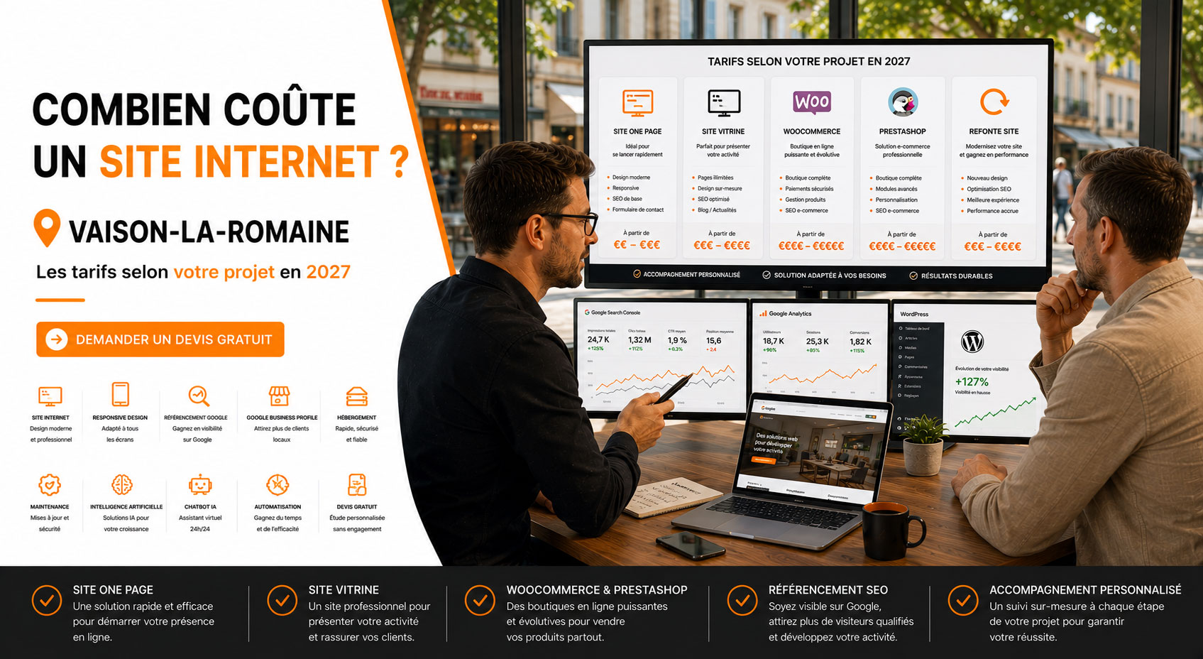 Combien coûte un site internet à Vaison-la-Romaine ? Découvrez les tarifs d'un site vitrine, One Page, WooCommerce, PrestaShop ou d'une refonte.