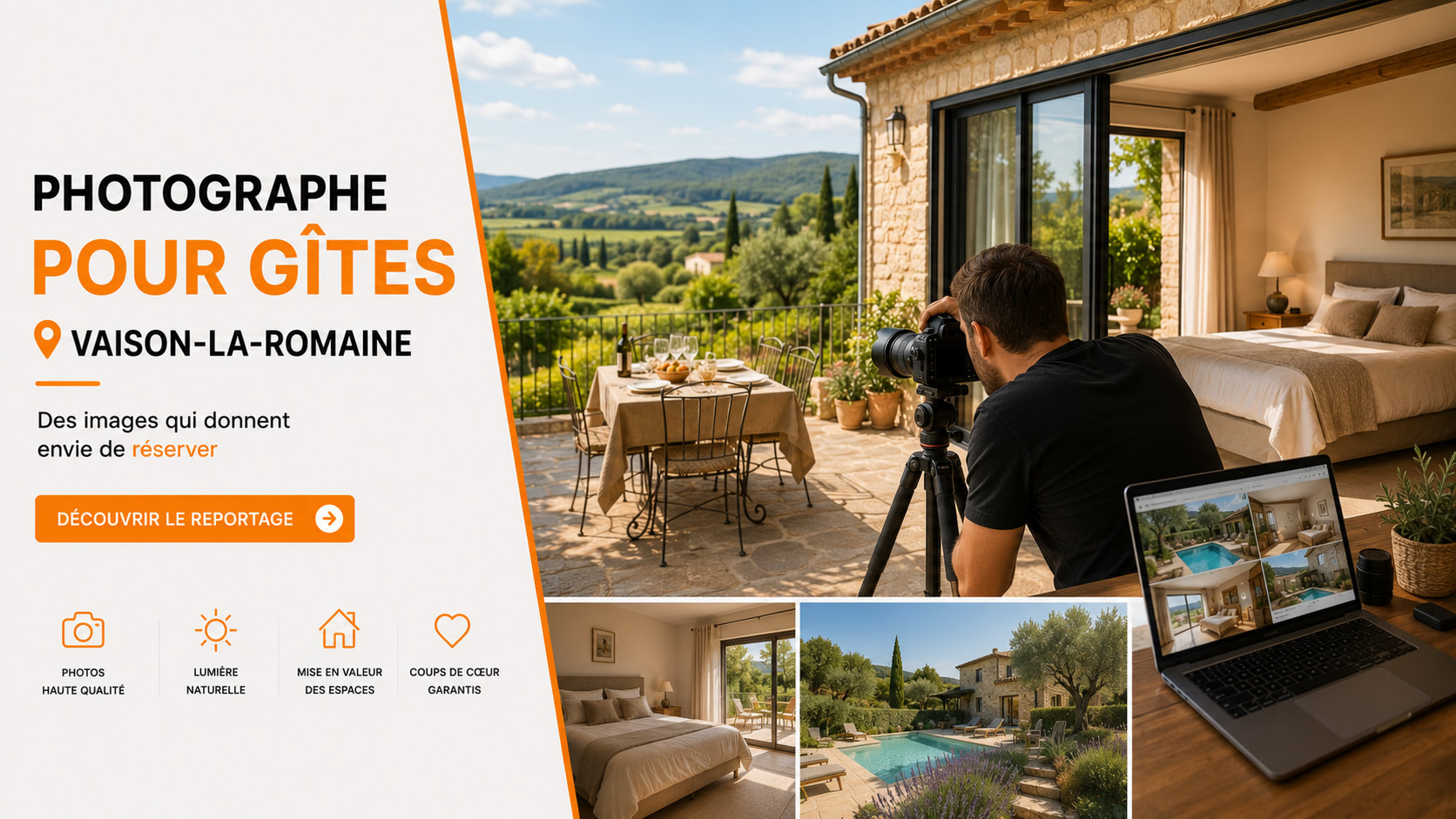 Photographe gîtes à Vaison-la-Romaine : augmentez vos réservations. Photographe professionnel réalisant un reportage photo dans un gîte de charme à Vaison-la-Romaine pour valoriser les hébergements touristiques.