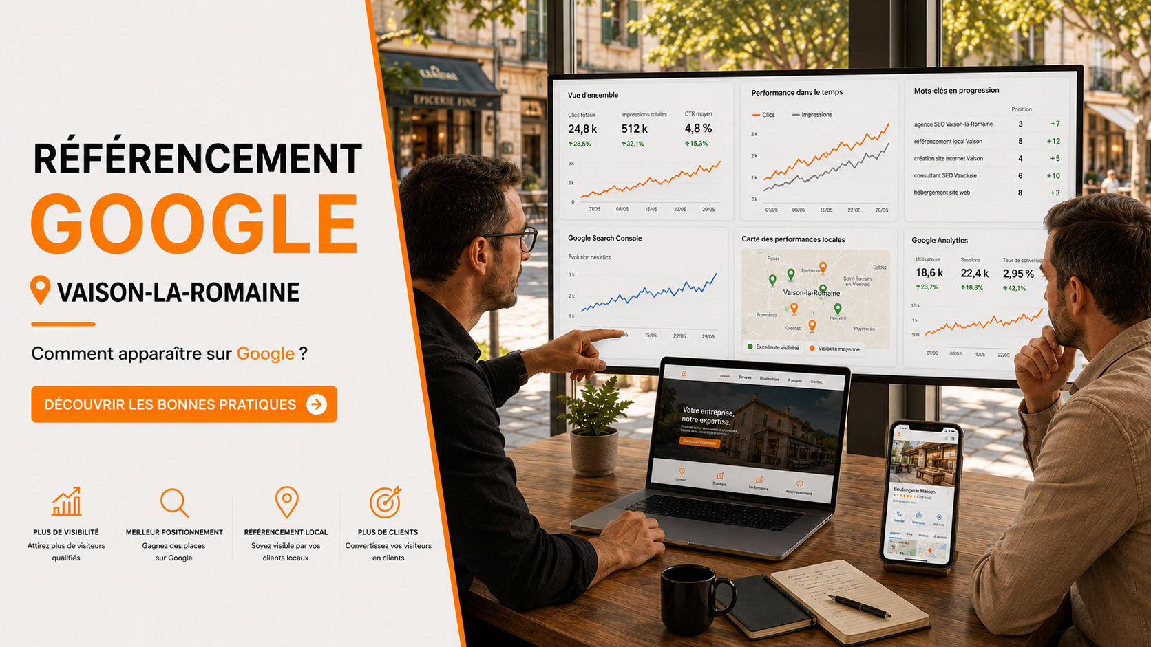 Consultant SEO analysant le référencement Google d'une entreprise à Vaison-la-Romaine sur plusieurs écrans affichant des statistiques, une carte Google et des résultats de recherche.
