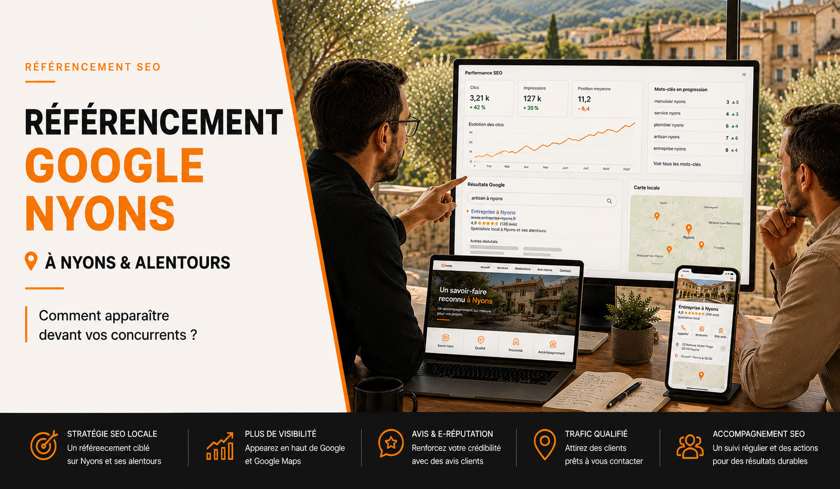 Référencement Google à Nyons pour améliorer la visibilité d'une entreprise locale dans les résultats de recherche et sur Google Maps. Référencement Google à Nyons