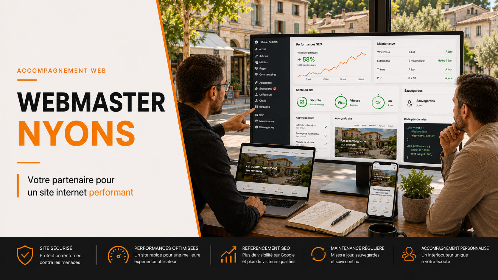 Webmaster à Nyons freelance accompagnant une entreprise à Nyons dans la création, la maintenance et le référencement de son site internet.