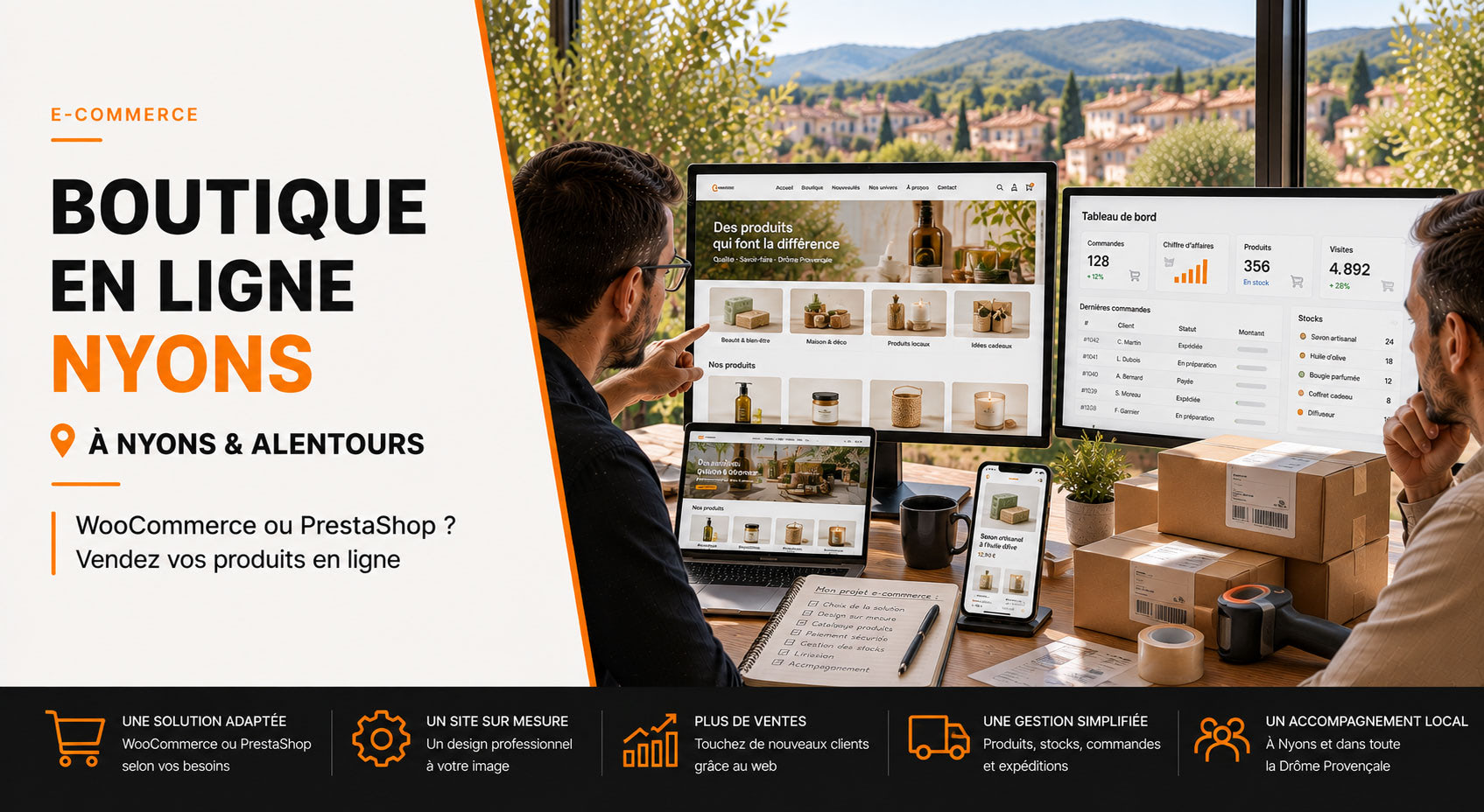 Création d'une boutique en ligne à Nyons avec WooCommerce ou PrestaShop pour vendre des produits sur Internet